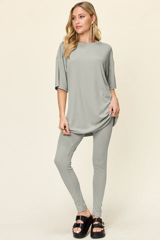 Double Take Full Size Round Neck Dropped Shoulder T-Shirt and Leggings Set Trendsi