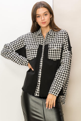 HYFVE Houndstooth Contrast Raw Hem Jacket Trendsi