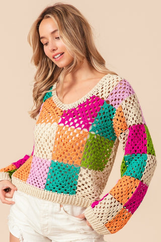 BiBi Multi Color Checkered Long Sleeve Knit Top Trendsi