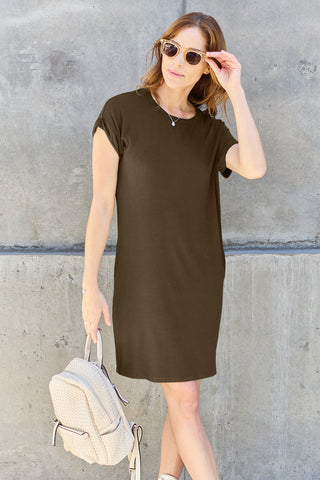 Basic Bae Full Size Round Neck Short Sleeve Dress with Pockets Trendsi