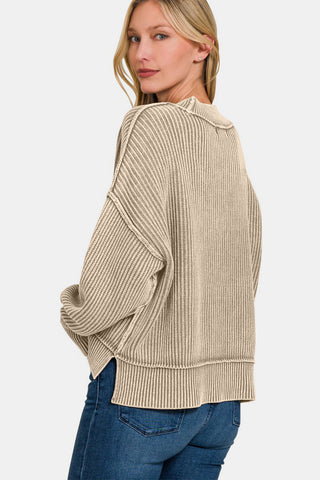 Zenana Exposed Seam Round Neck Dropped Shoulder Sweater Trendsi