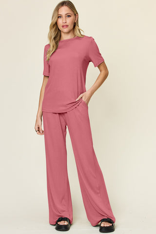 Double Take Full Size Round Neck Short Sleeve T-Shirt and Wide Leg Pants Set Trendsi