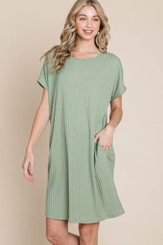 BOMBOM Ribbed Round Neck Short Sleeve Dress Trendsi