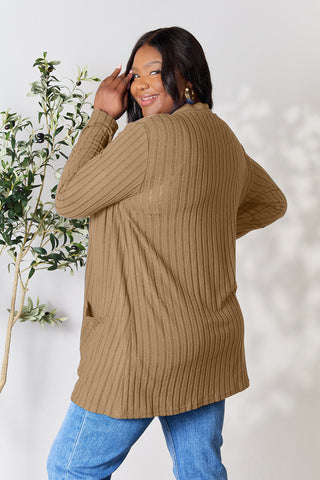 Basic Bae Full Size Ribbed Open Front Cardigan with Pockets Trendsi