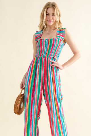 And The Why Full Size Striped Smocked Sleeveless Jumpsuit Trendsi