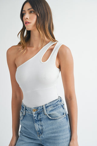 MABLE One Shoulder Ribbed Cutout Detail Bodysuit Trendsi