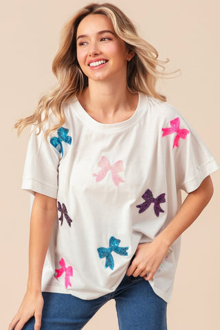 BiBi Sequin Bow Patch Short Sleeve T-Shirt Trendsi