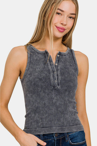 Zenana Washed Ribbed Half Snap Seamless Tank Trendsi