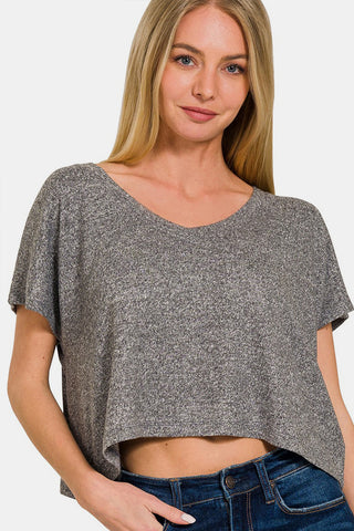 Zenana V-Neck Short Sleeve Cropped T-Shirt Trendsi