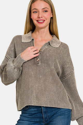 Zenana Washed Half Button Long Sleeve Sweater Trendsi