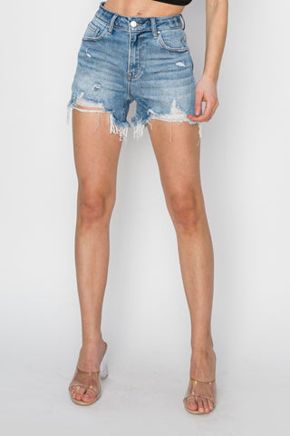 RISEN High Rise Frayed Hem Denim Shorts Trendsi