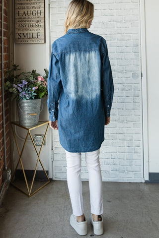 Veveret Pocketed Button Up Washed Denim Shirt Trendsi