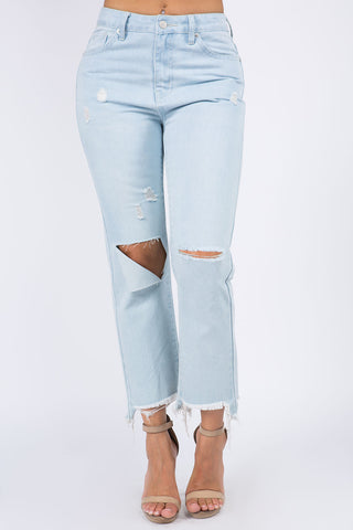 American Bazi High Waist Distressed Raw Hem Jeans Trendsi