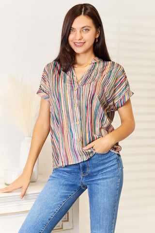 Shiny Multicolored Stripe Notched Neck Top Trendsi