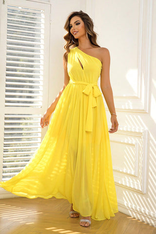 Cutout One-Shoulder Tie Waist Dress Trendsi