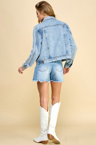 Veveret Button Up Pearl Detail Long Sleeve Denim Jacket Trendsi