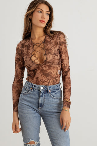 HERA COLLECTION Abstract Mesh Lace-Up Long Sleeve Bodysuit Trendsi