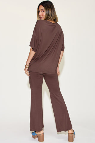 Basic Bae Full Size Bamboo Drop Shoulder T-Shirt and Flare Pants Set Trendsi