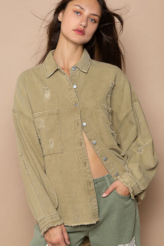 POL Button Down Raw Hem Distressed Shacket Trendsi