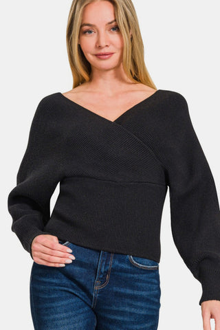 Zenana Cross Wrap Rib Long Sleeve Sweater Trendsi