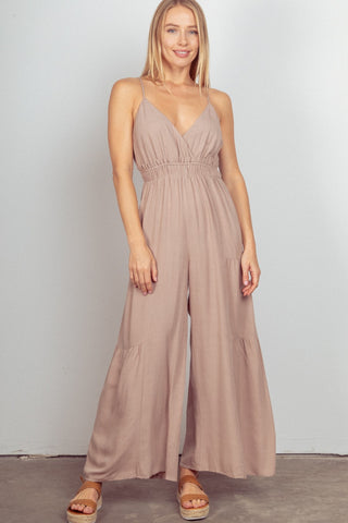 VERY J Sleeveless Ruched Wide Leg Jumpsuit Trendsi