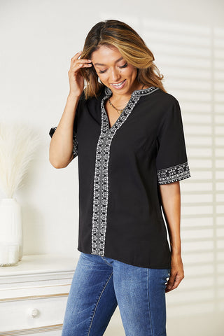 Double Take Embroidered Notched Neck Top Trendsi