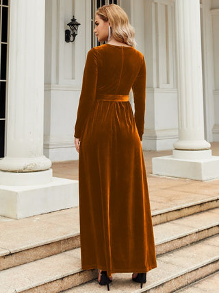 Tie Front Round Neck Long Sleeve Maxi Dress Trendsi