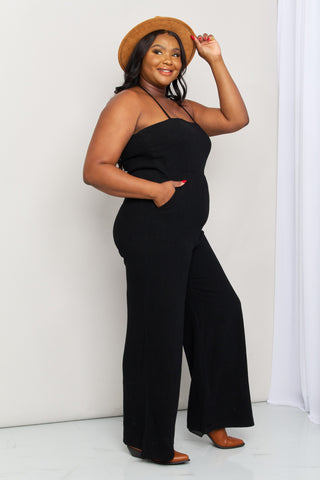 White Birch Full Size Halter Neck Wide Leg Jumpsuit with Pockets Trendsi