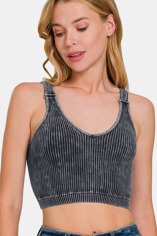 Zenana Washed Ribbed Cropped V-Neck Tank Trendsi