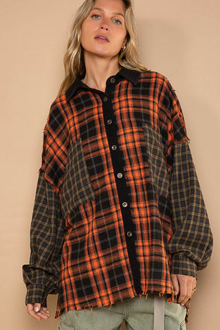 POL Plaid Contrast Long Sleeve Raw Hem Shacket with Chest Pockets Trendsi