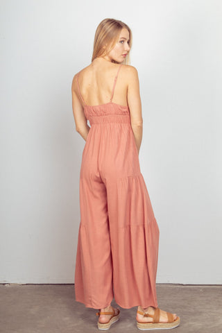 VERY J Sleeveless Ruched Wide Leg Jumpsuit Trendsi