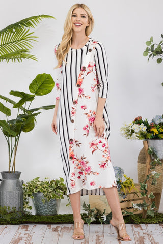 Celeste Full Size Floral Striped Contrast Midi-Dress with Pockets Trendsi