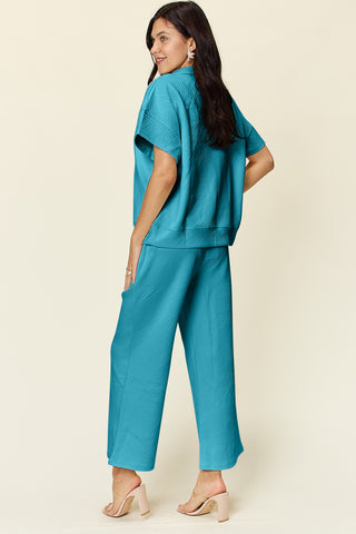 Double Take Full Size Texture Half Zip Short Sleeve Top and Pants Set Trendsi