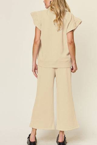 Double Take Texture Ruffle Short Sleeve Top and Drawstring Wide Leg Pants Set Trendsi