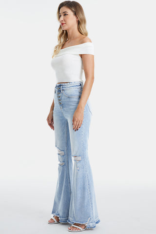 BAYEAS Full Size Distressed Raw Hem High Waist Flare Jeans Trendsi