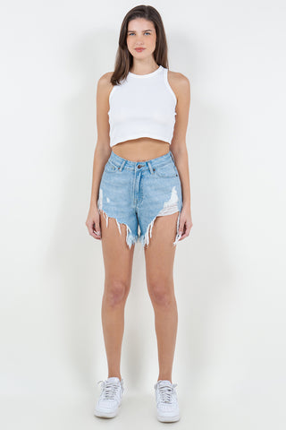 American Bazi High Waist Fringed Hem Denim Shorts Trendsi