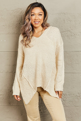 Heimish By The Fire Full Size Draped Detail Knit Sweater Trendsi