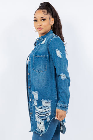 American Bazi Distressed Button Up Long Sleeve Denim Jacket Trendsi