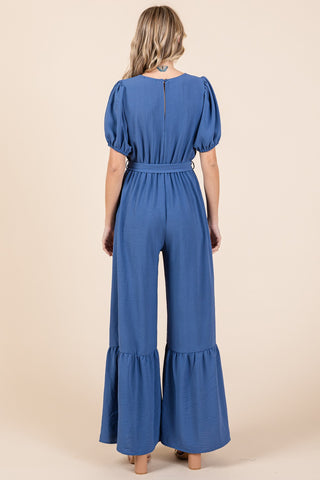 GeeGee Full Size V-Neck Belted Wide Leg Jumpsuit Trendsi