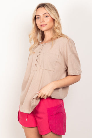 VERY J Twisted Sleeve Band Half Button Top Trendsi