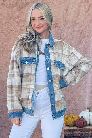 And The Why Full Size Washed Denim Detail Brushed Plaid Jacket Trendsi