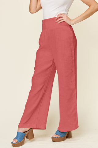 Double Take Full Size Texture Smocked Waist Wide Leg Pants Trendsi