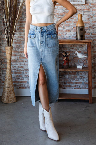 Veveret Slit Mid Rise Waist Denim Skirt Trendsi