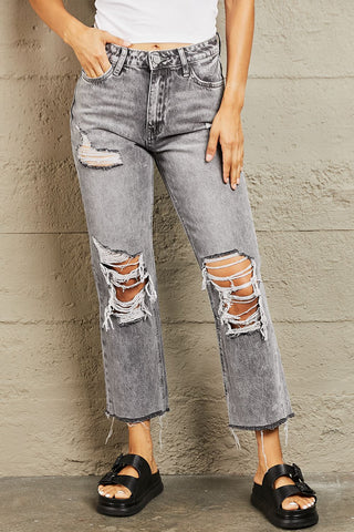 BAYEAS Acid Wash Distressed Cropped Straight Jeans Trendsi