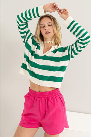 HYFVE Striped Long Sleeve Cropped Knit Top Trendsi