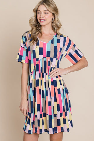 BOMBOM Ruched Color Block Short Sleeve Mini Dress Trendsi