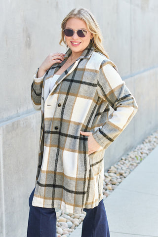 Double Take Full Size Plaid Button Up Lapel Collar Coat Trendsi