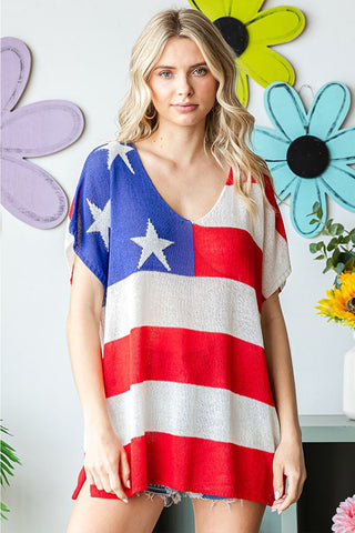 First Love Full Size USA Flag Drop Shoulder Knit Top Trendsi