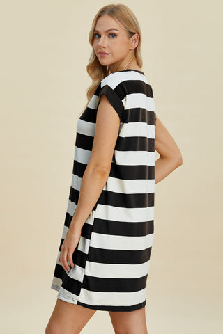 Basic Bae Full Size Striped Round Neck Cap Sleeve Mini Dress Trendsi