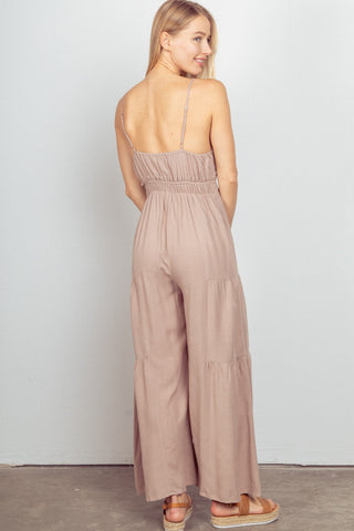 VERY J Sleeveless Ruched Wide Leg Jumpsuit Trendsi